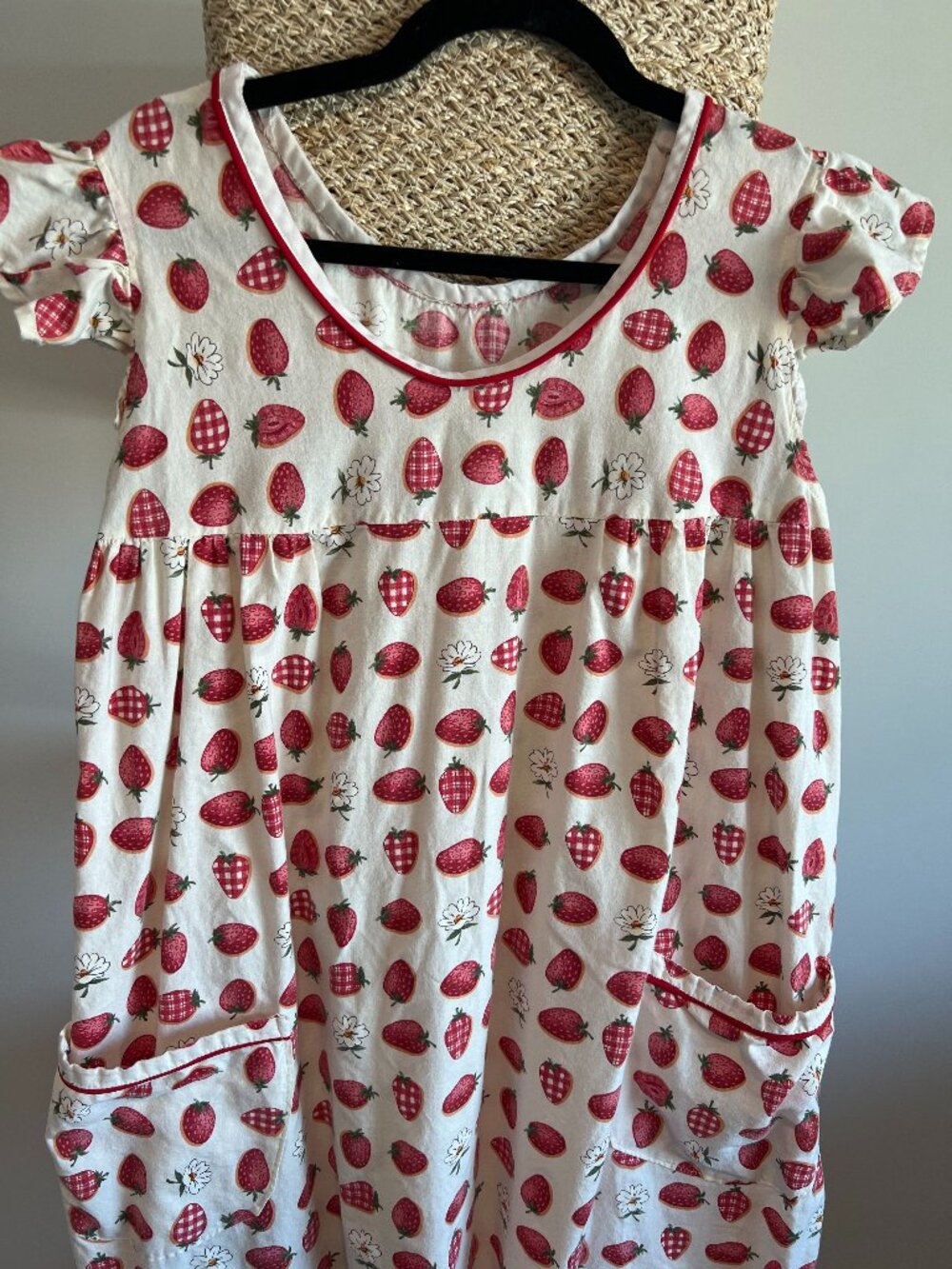 Handmade cotton strawberry summer dress with pockets